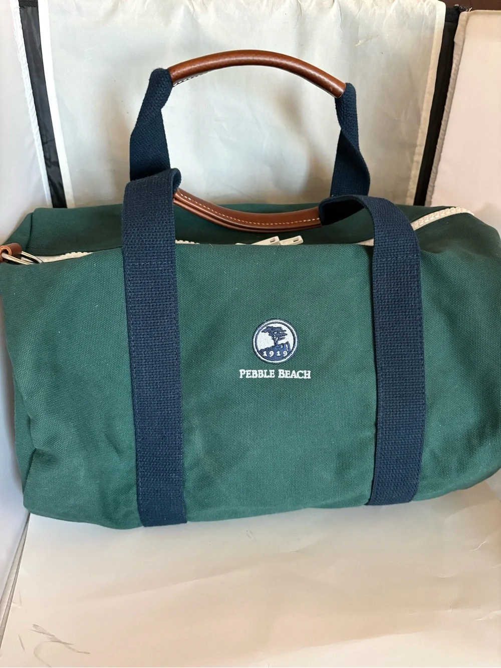 Hudson Sutler Pebble Beach Green Canvas leather Duffel Bag with Navy Straps